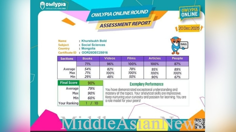 Монгольский школьник завоевал золото на Owlypia